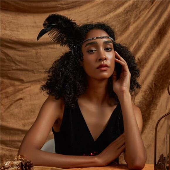 Flapper Headband Ostrich Sequins Black - Picture 1 of 5